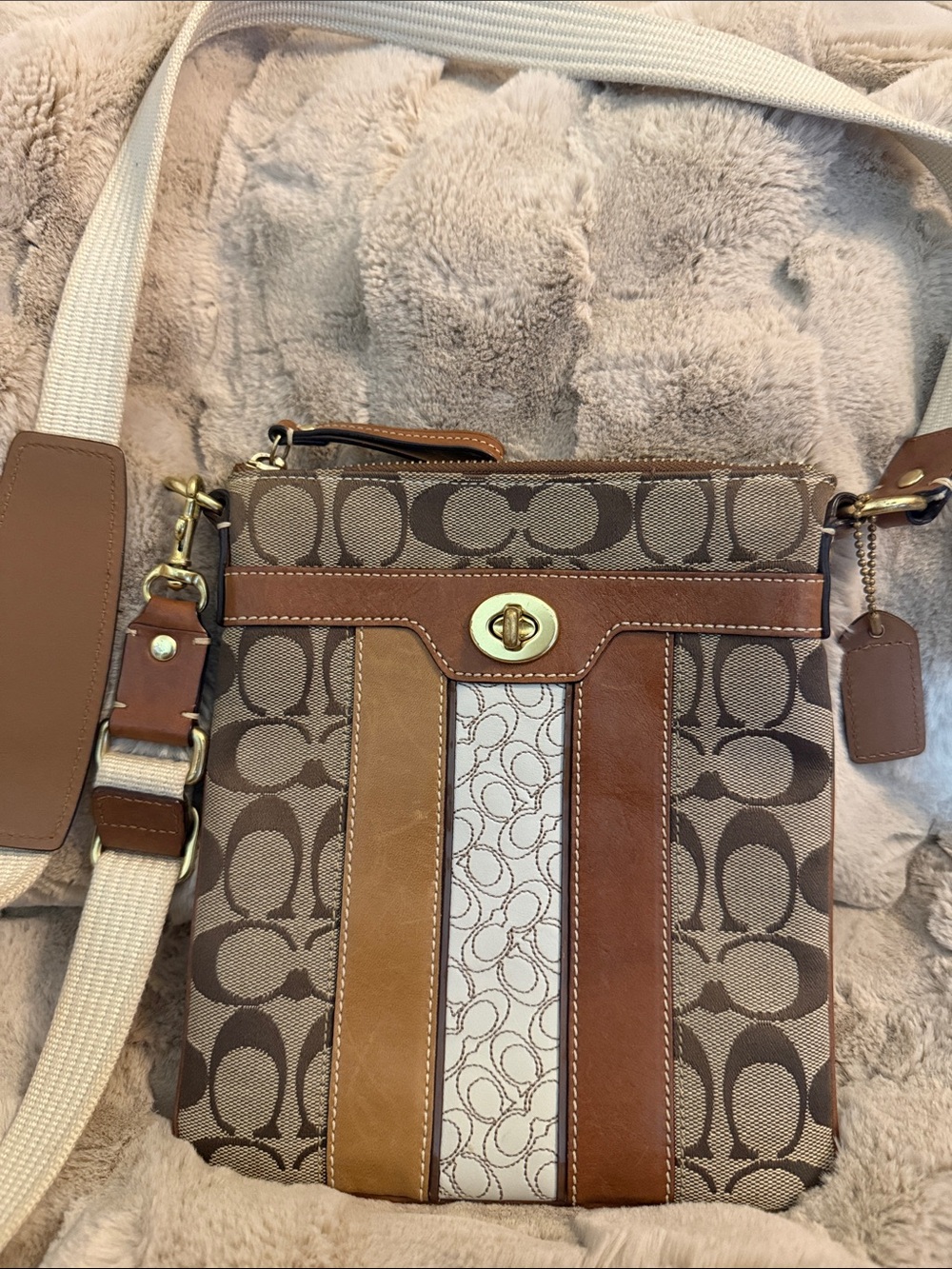 Coach Brown/Tan/Cream Signature Crossbody with Stripe Detail